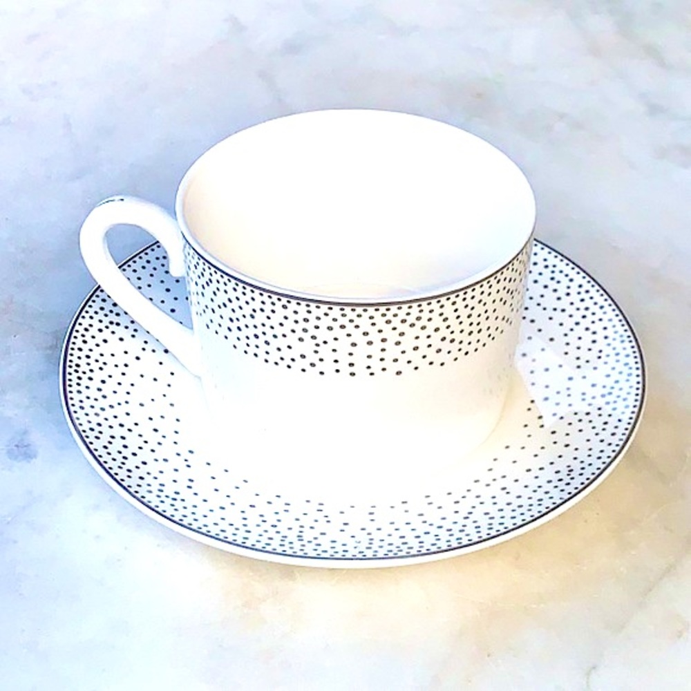 GRACES TEAWARE SILVER METALLIC MICRO DOTS FLAT CUP SAUCER SET NEW PORCELAIN